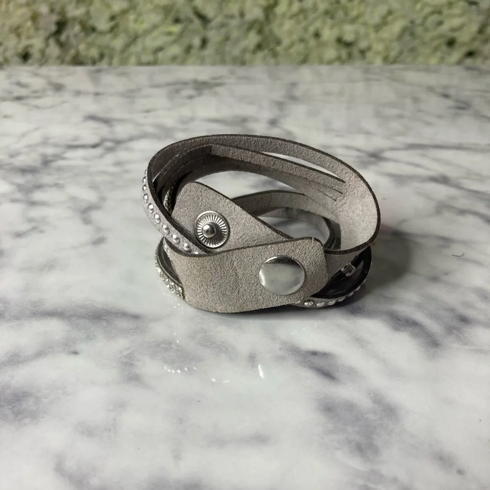 Grey Rhinestone & Rivet Faux Suede Wrap Bracelet - Picture 4 of 8